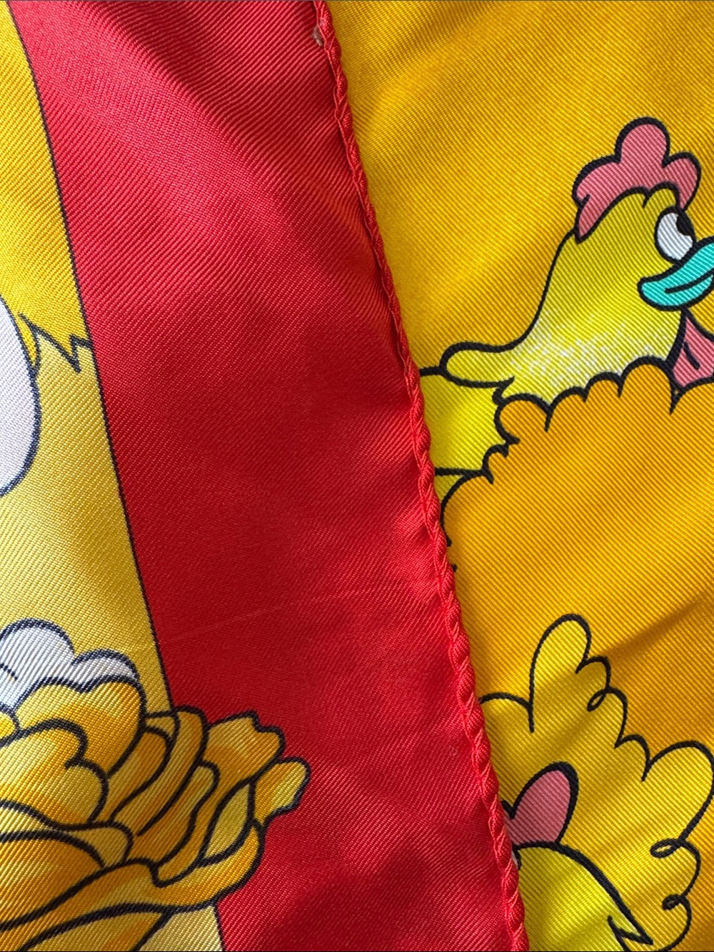 Vintage Handmade Disney Mickey Minnie Silk Scarf Red Yellow Farm Scene Chic - Picture 9 of 11
